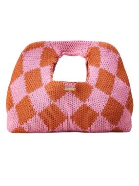 Kopari Knit Bag Crochet Circle Handbag Purse Woven Argyle 16x14 Pink/Orange Boho
